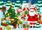 Santa Claus with elves outside near the Christmas tree. Winter landscape near Santa\\\'s snowy house.