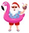 Santa Claus with flamingo inflatable ring.Tropical Christmas. Vector illustration.