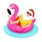 Santa Claus with flamingo inflatable ring.Tropical Christmas. Vector illustration.