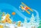 Santa Claus flies in his airplane