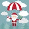 Santa Claus flying with a parachute with presents in the sky. Vector illustration