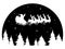 Santa Claus flying in a sleigh drawn by deer over the forest. Black and white vector illustration for Christmas.