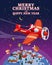 Santa Claus flying on vintage plane, delivering gift boxes in space above the Earth. Christmas poster, banner retro