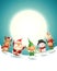 Santa Claus and friends celebrate Christmas holidays - winter landscape at moonlight - vector illustration