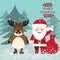 Santa Claus and funny deer. Christmas postcard