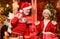 Santa Claus generous. Child enjoy christmas with bearded grandfather Santa claus. Festive tradition. Happiness and joy