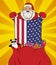 Santa Claus gets national flag of USA out of the bag with toys in pop art style. Illustration of new year in pop art style