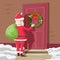 Santa Claus with Gift Bag Knock Christmas New Year Decoration Door Vintage Cartoon Vector Illustration