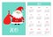 Santa Claus and gift bag. Red hat. Pocket calendar layout 2019 new year. Vertical orientation. Week starts Sunday. Cartoon kawaii