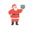 Santa Claus with gift box in hand. Happy bearded character portrait. Old man in red hat and glasses holding Xmas present