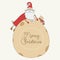 Santa Claus on the gift large sack. Vector christmas postcard