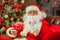 Santa Claus with giftbox on background of sparkling firtree. Christmas