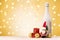 Santa Claus with gifts, golden deer and bottle champagne. festive banner