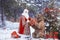 Santa Claus gives Christmas present to brown bear
