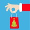 Santa Claus hand holding gift shopping paper bag with fir tree. Merry Christmas. Red costume fur. Giving present. Cute cartoon kaw