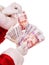Santa Claus hand with money (Russian rouble).