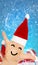 Santa Claus, hand with Santa hat and face in front of snow flurries