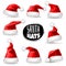 Santa claus hats. 3d realistic red christmas holiday caps, plush cute winter headwear. Celebration clothes, new year