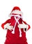 Santa Claus with his arms wrapped around a large sack of toys, isolated on white. Santa is mostly hidden