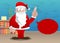 Santa Claus in his red clothes saying no with his finger.