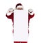 Santa Claus holding a blank scroll in front of his body. Santa is looking over the top of the long roll of paper