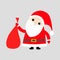 Santa Claus holding carrying sack gift bag. Red hat, costume, big beard, golden belt. Cute cartoon kawaii funny character. Merry C