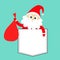 Santa Claus holding carrying sack gift bag. T-shirt pocket. Red hat, costume, big beard, golden belt. Merry Christmas. Cute