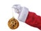 Santa Claus holding a Chocolate Chip Cookie Christmas Ornament, isolated over white, only hand and arm are visible