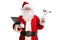 Santa Claus holding a clipboard and car repair tools