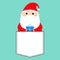 Santa Claus holding gift box. Funny face head. T-shirt pocket. Merry Christmas. New Year. Red hat. Moustaches, beard. Cute cartoon