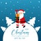 Santa Claus holding in hands gift boxes. Merry Christmas and Happy New Year greeting card, banner. Winter holiday