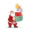 Santa Claus holding a mountain of gifts in his hands, cute christmas character with surprise boxes for kids, vector