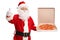 Santa Claus holding a pizza box and making a thumb up sign