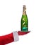 Santa Claus holding a serving tray with a Bottle of Champagne, gold ribbon and ornament over a white background