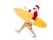 Santa Claus holding surf board with pointing gesture