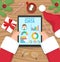 Santa claus is holding tablet and watching data of boy behavior, if there were good or bad