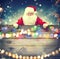 Santa Claus holding wooden banner background