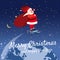 Santa Claus on a hoverboard flies with a bag of gifts around the Earth. Congratulations on a Merry Christmas and Happy
