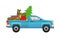 Santa Claus hurry on party. Santa driving pickup loaded with Christmas tree, sack of gifts and reindeer flat vector illustration