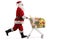Santa Claus in a hurry, running and pushing a shopping cart with food