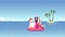 Santa Claus with inflatable flamingo float enjoys the summer vacation