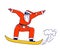 Santa Claus Keep Balance on Snowboard. Senior Man in Red Xmas Festive Traditional Costume and Sunglasses Perform Stunts