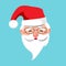Santa Claus kind face with glasses and red hat isolated. Cheerful portrait with a white beard. Merry Christmas and Happy