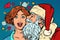 Santa Claus kisses a woman, Christmas and New year