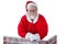 Santa claus leaning on the chimney against white background