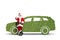 Santa claus leaning on electric SUV made of grass and gesturing thumbs up