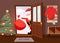 Santa claus looking out doorway and coming home with red gift bag. Merry christmas vector cartoon flat illustration