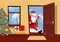 Santa Claus looks in doorway. Hallway interior with Christmas tree, gifts in boxes inside. Santa coming to give presents