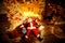 Santa Claus is lying drunk on the floor by the fireplace after C