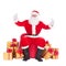 Santa Claus with many gift boxes around, thumbs up hand gesturing